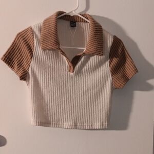 Ribbed Polo Top in Cream and Brown